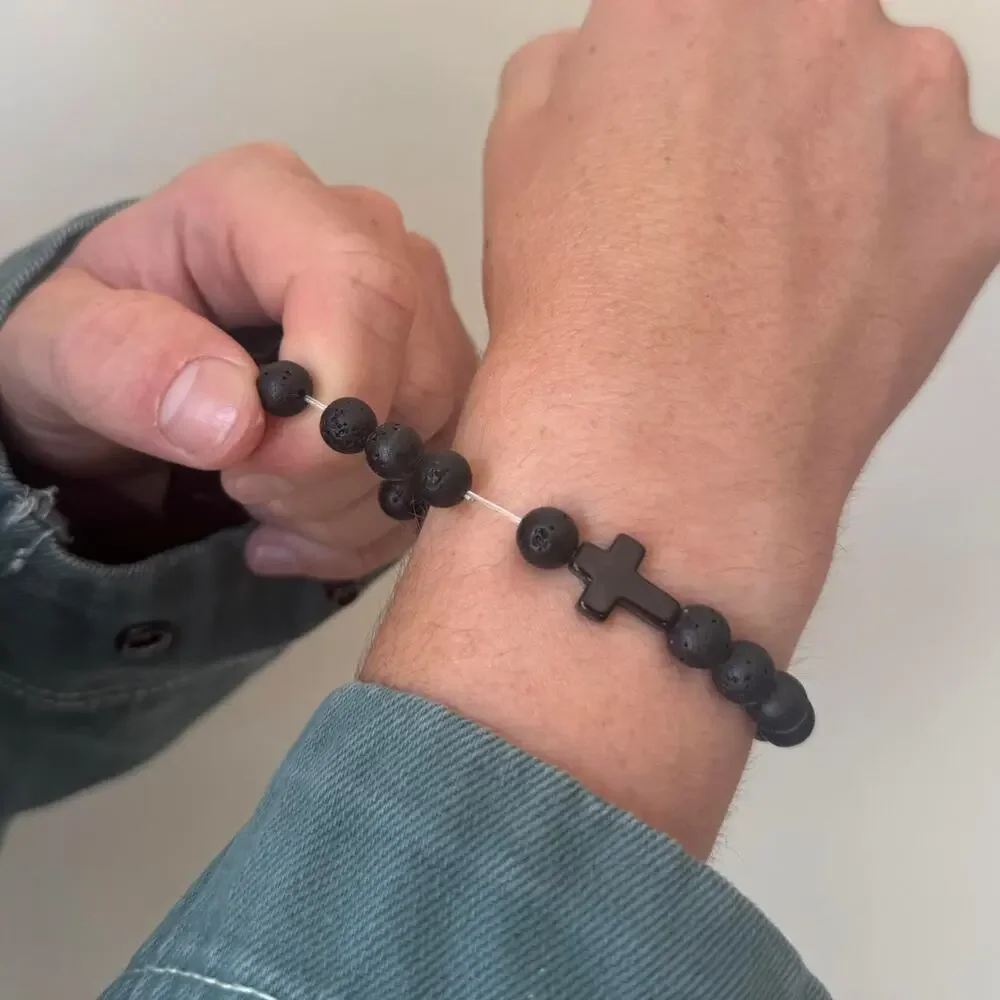 Y2K Black Lava Stone Cross Bracelet Unisex Stretch Minimalist Beaded Accessory